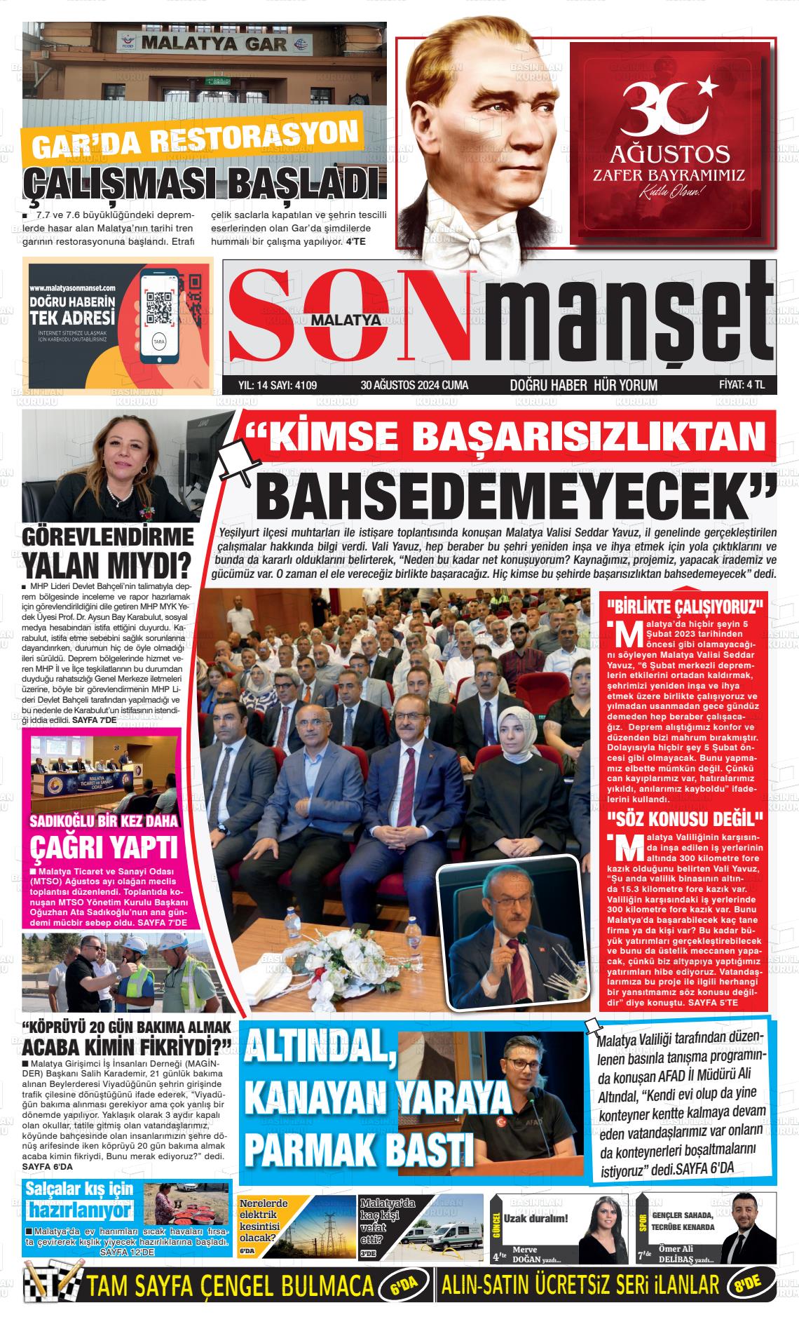 30 Ağustos 2024 BUSABAH Malatya Gazete Manşeti