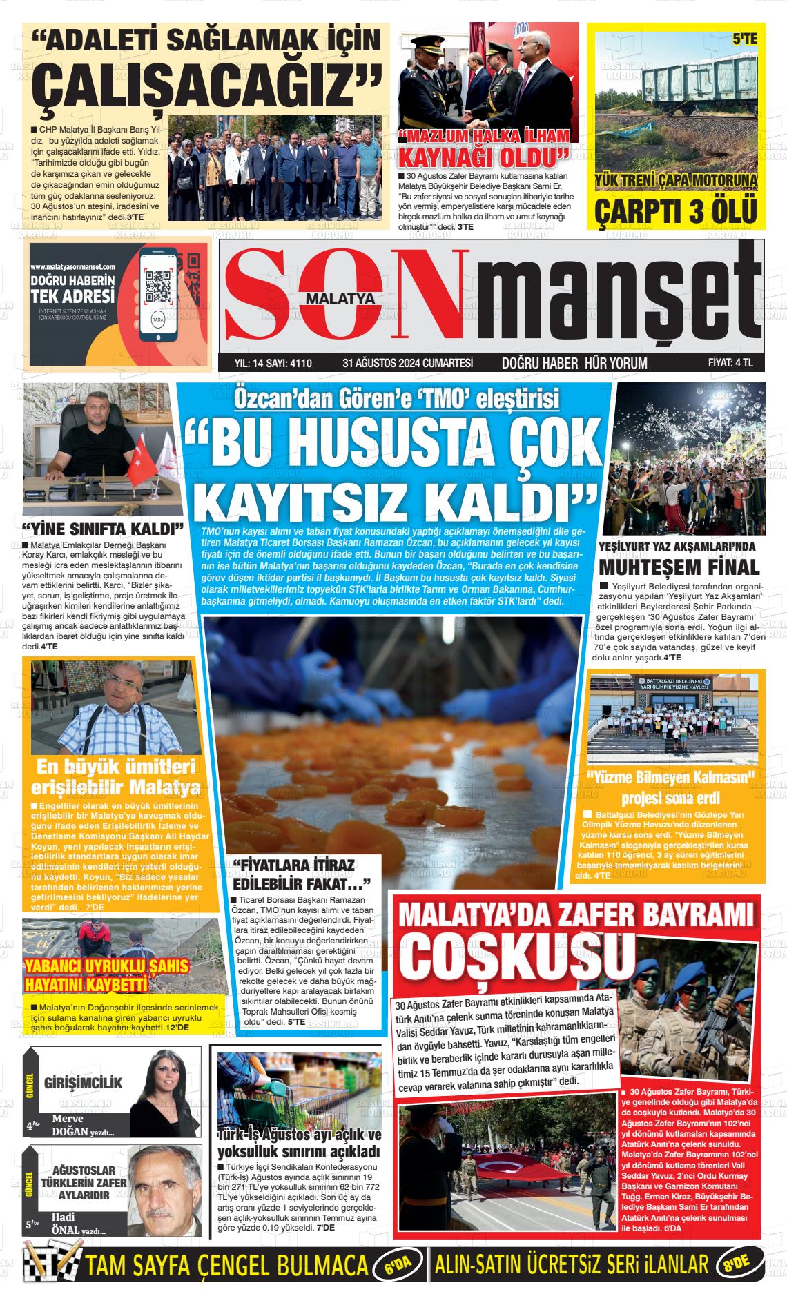 31 Ağustos 2024 BUSABAH Malatya Gazete Manşeti