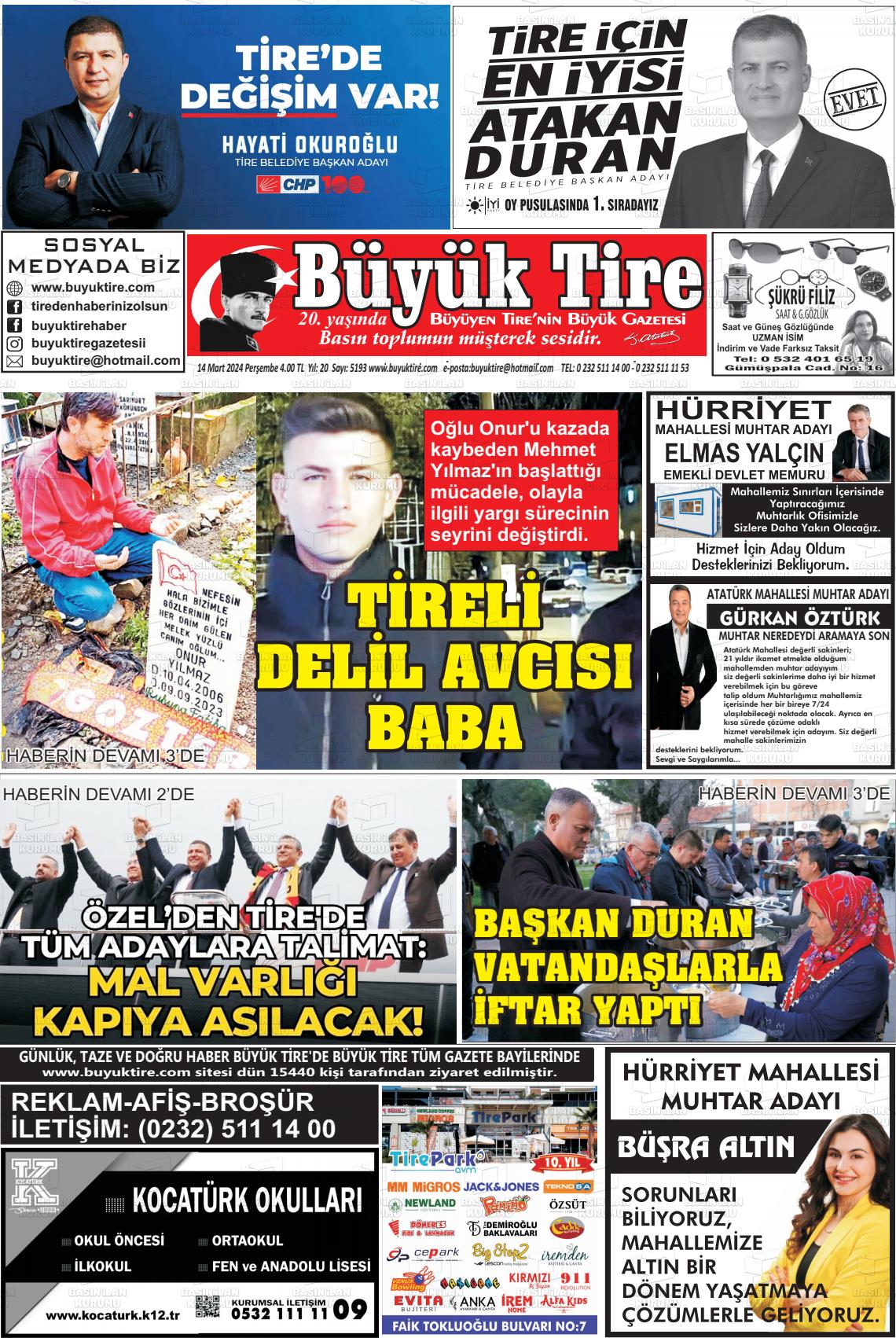 14 Mart 2024 Büyük Tire Gazete Manşeti