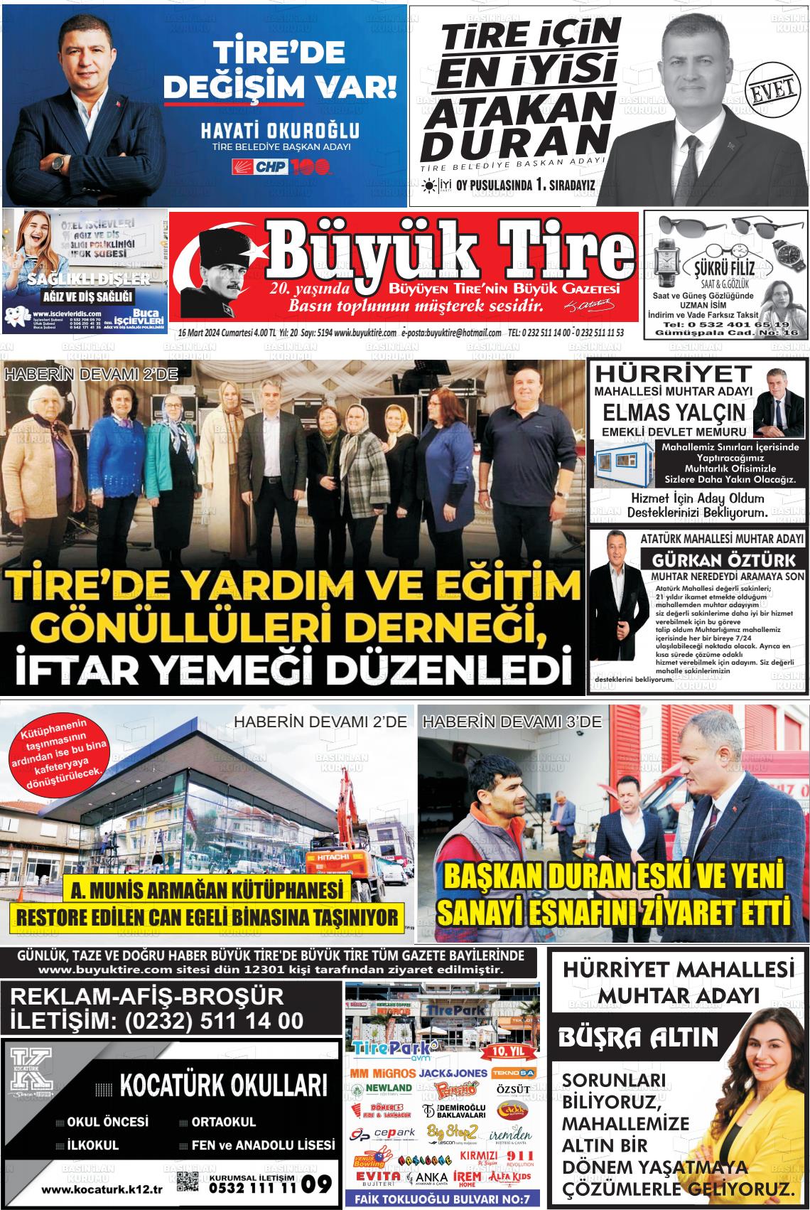 16 Mart 2024 Büyük Tire Gazete Manşeti