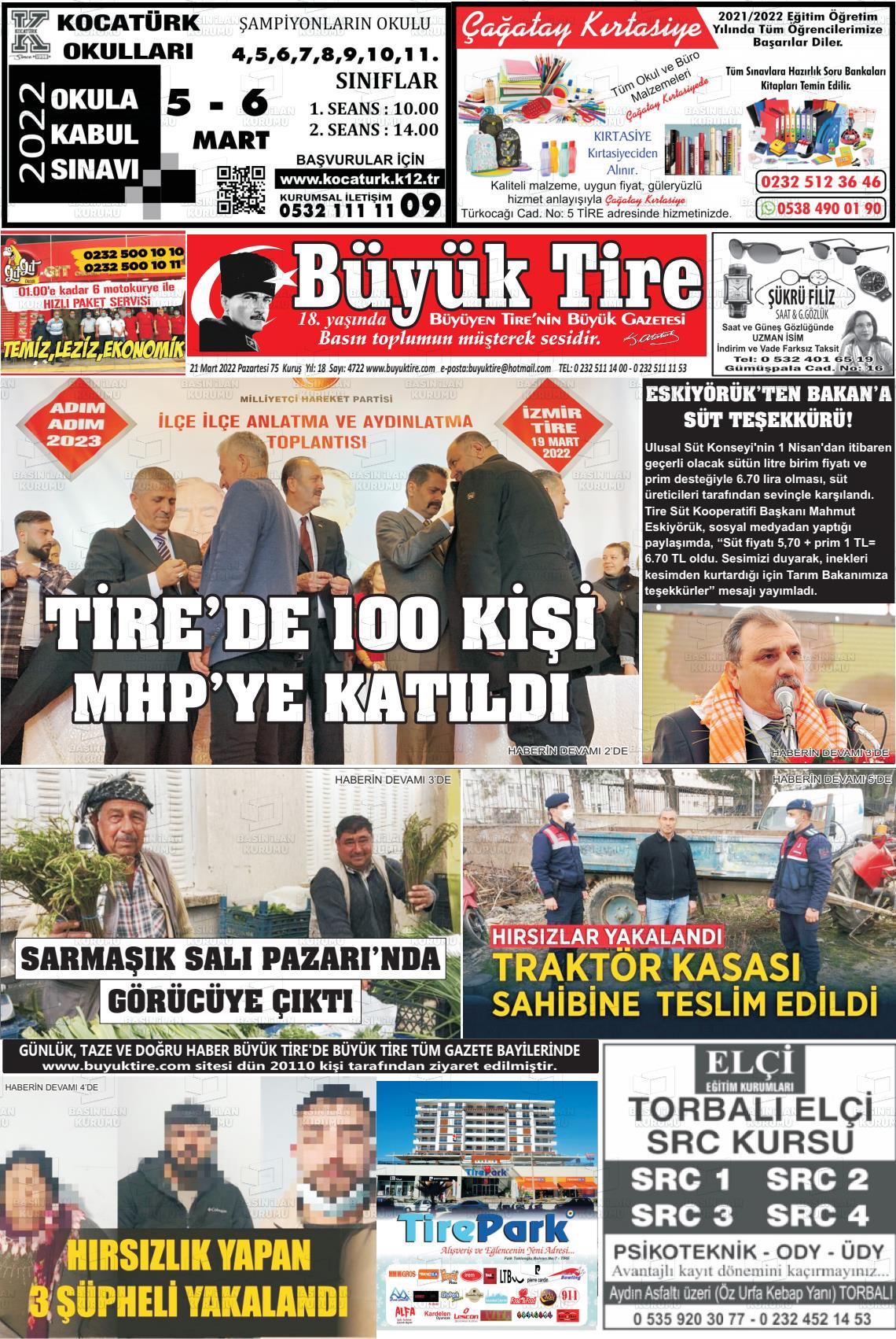 21 Mart 2022 Büyük Tire Gazete Manşeti