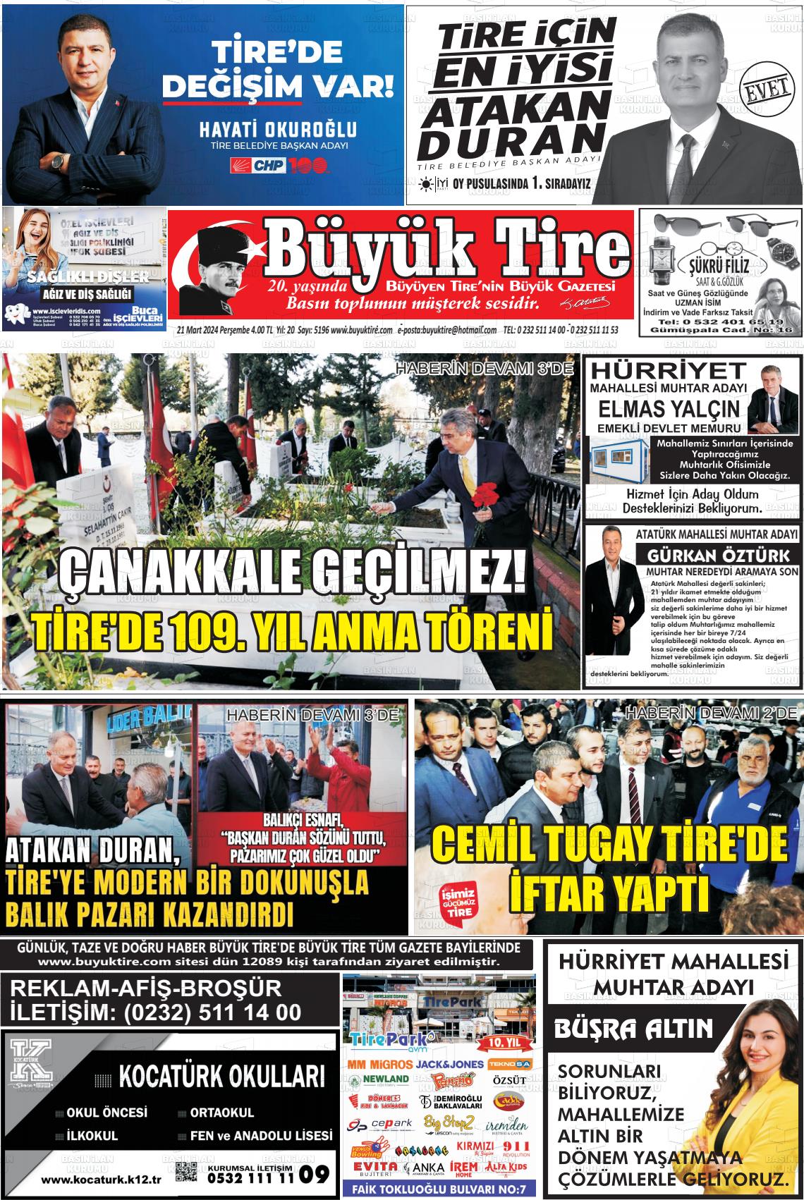 21 Mart 2024 Büyük Tire Gazete Manşeti