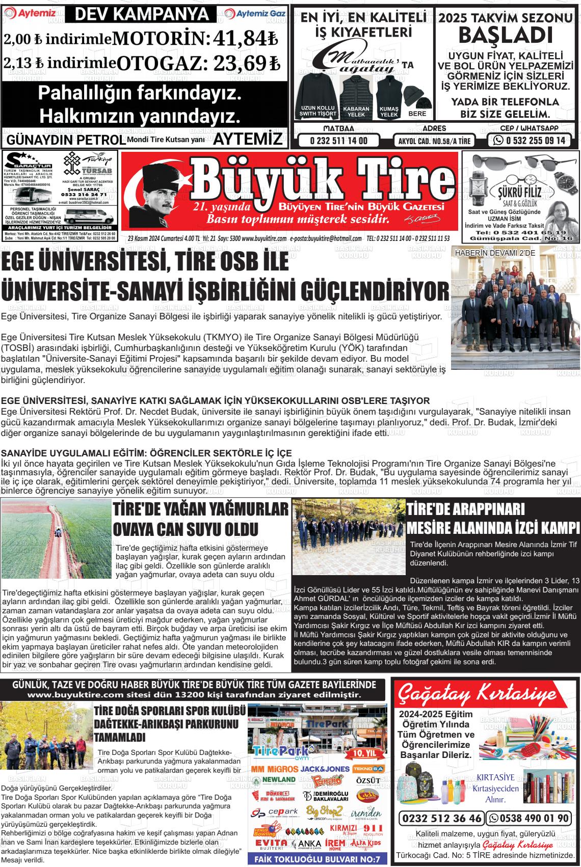 23 Kasım 2024 Büyük Tire Gazete Manşeti