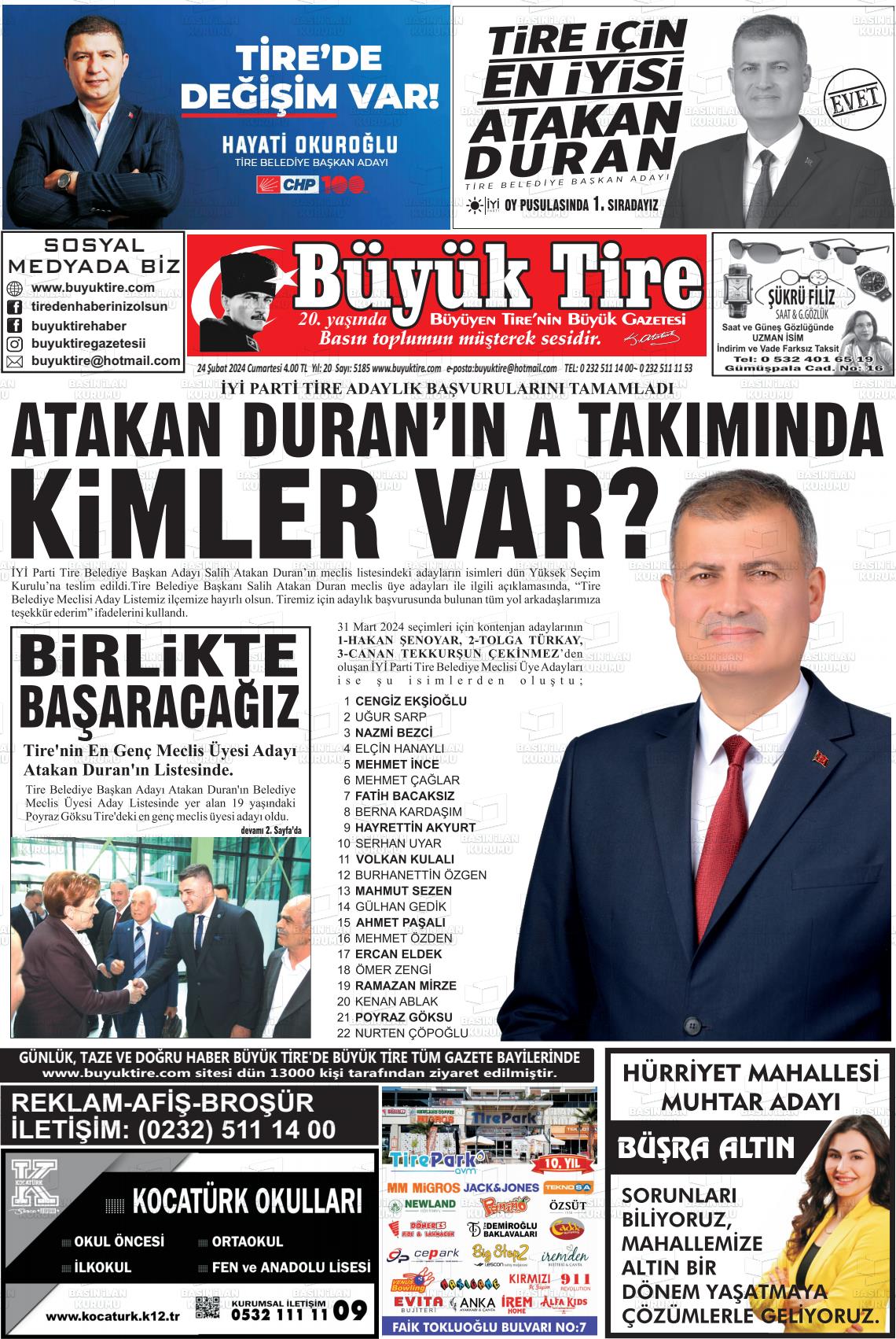 24 Şubat 2024 Büyük Tire Gazete Manşeti