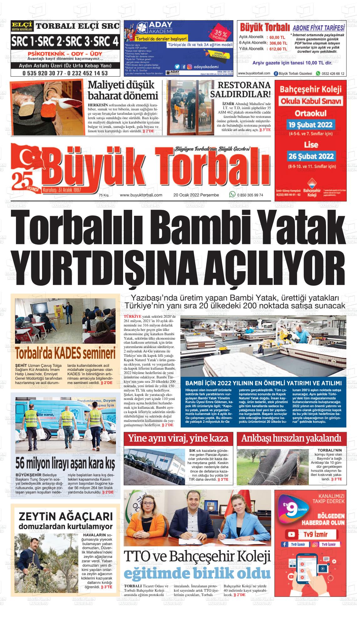 20 Ocak 2022 Büyük Torbalı Gazete Manşeti