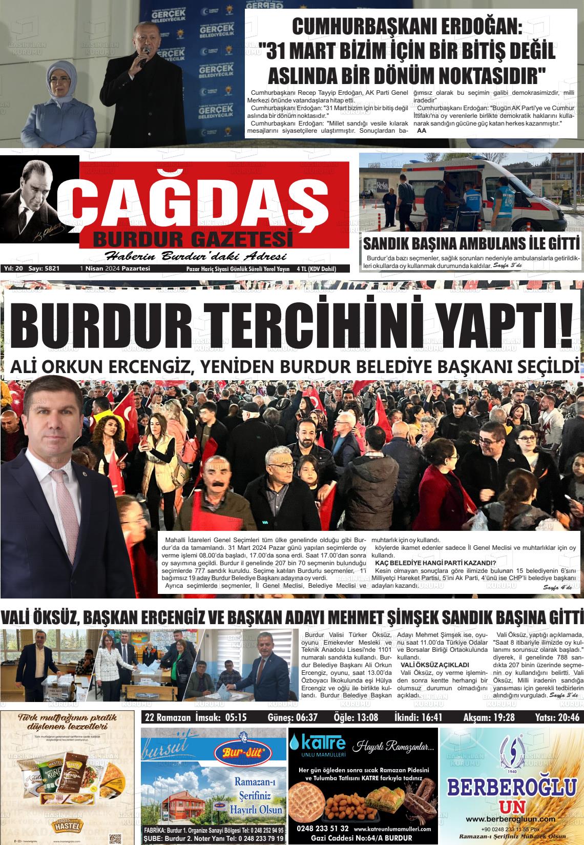 01 Nisan 2024 Çağdaş Burdur Gazete Manşeti