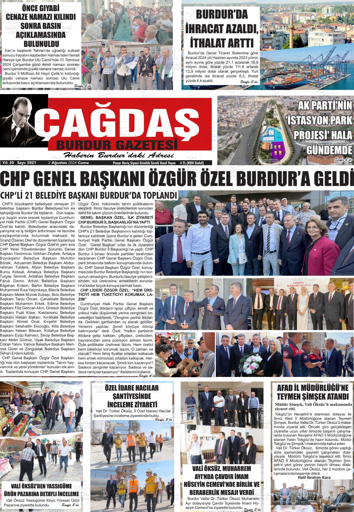 02 Ağustos 2024 Çağdaş Burdur Gazete Manşeti