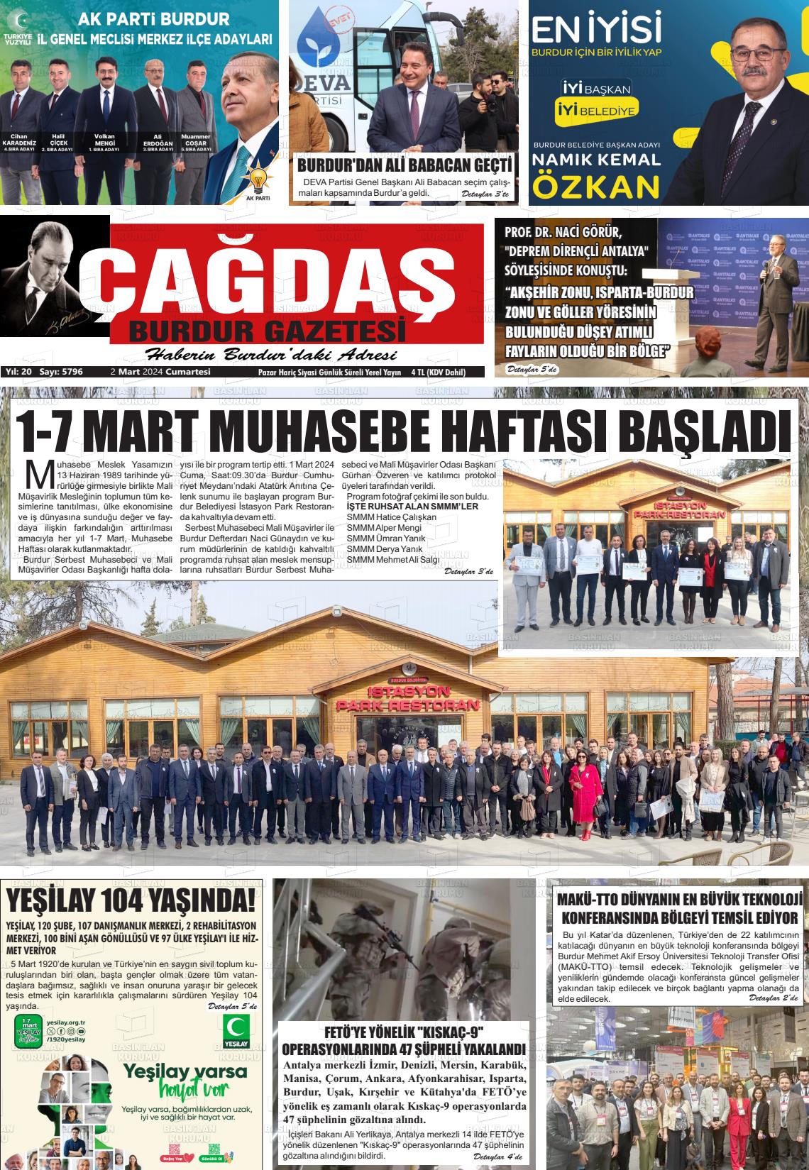 02 Mart 2024 Çağdaş Burdur Gazete Manşeti