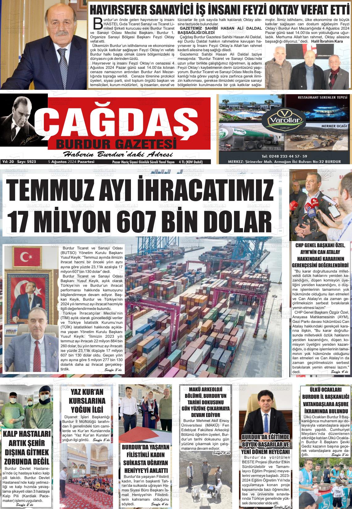 05 Ağustos 2024 Çağdaş Burdur Gazete Manşeti