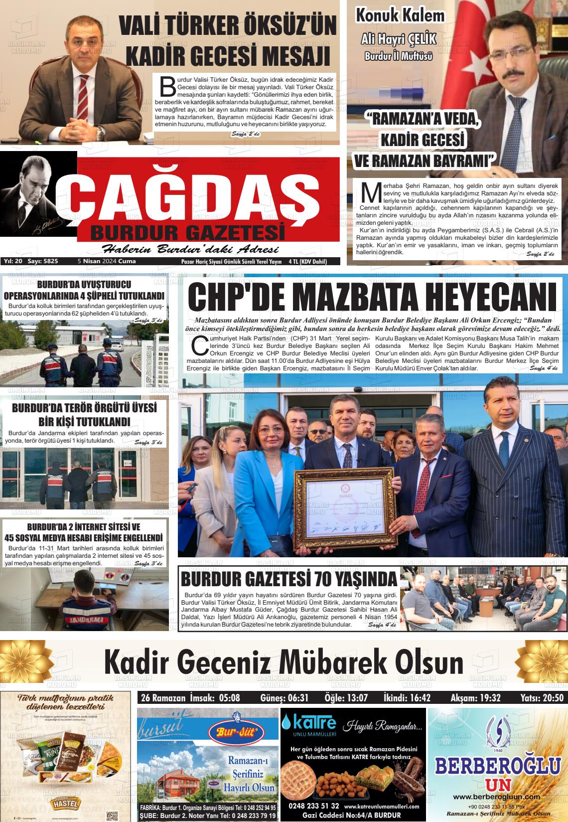 05 Nisan 2024 Çağdaş Burdur Gazete Manşeti