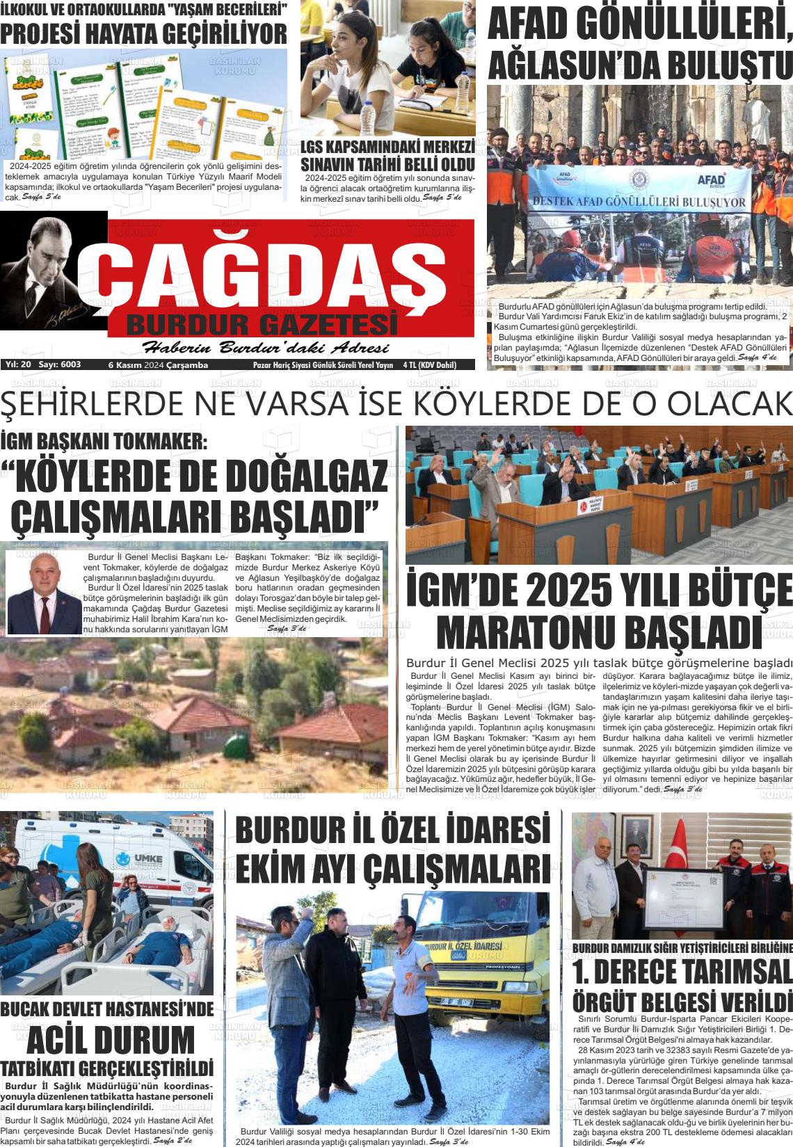 06 Kasım 2024 Çağdaş Burdur Gazete Manşeti