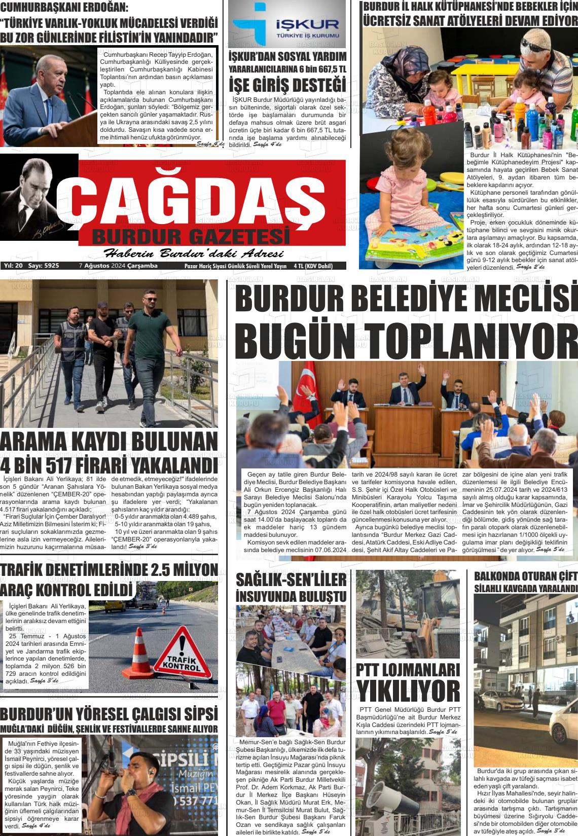 07 Ağustos 2024 Çağdaş Burdur Gazete Manşeti