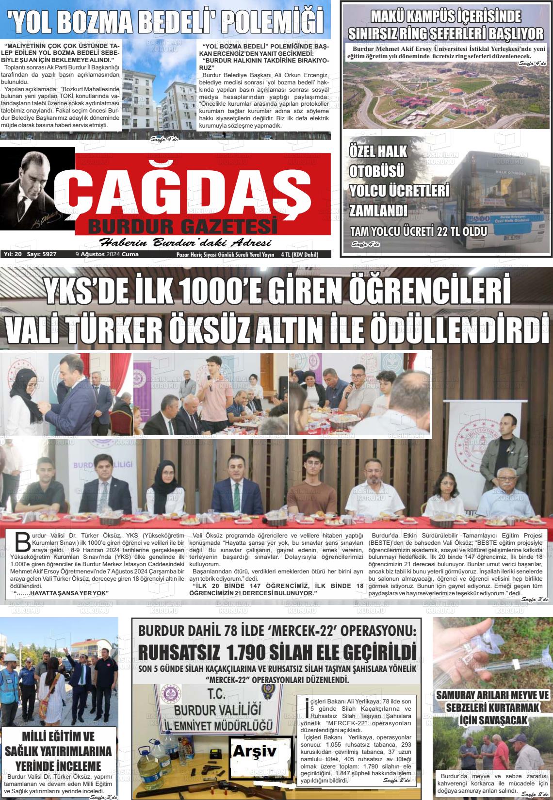 09 Ağustos 2024 Çağdaş Burdur Gazete Manşeti