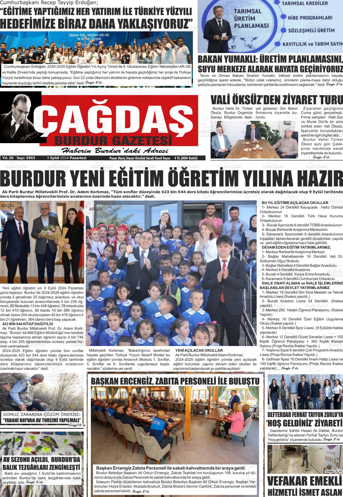 09 Eylül 2024 Çağdaş Burdur Gazete Manşeti