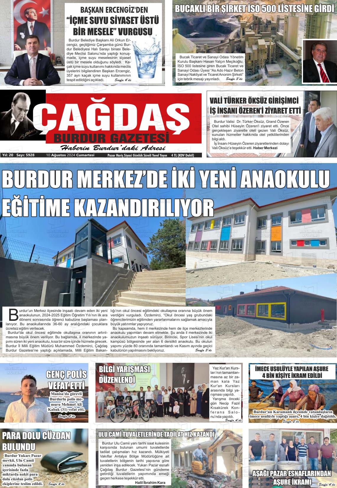 10 Ağustos 2024 Çağdaş Burdur Gazete Manşeti