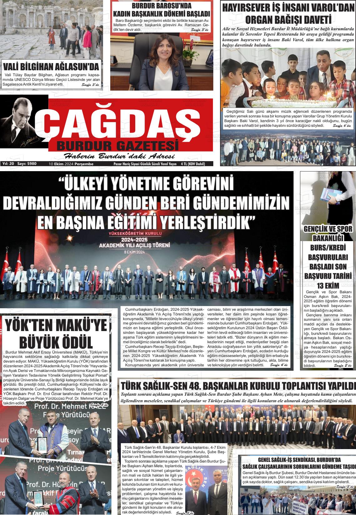 10 Ekim 2024 Çağdaş Burdur Gazete Manşeti