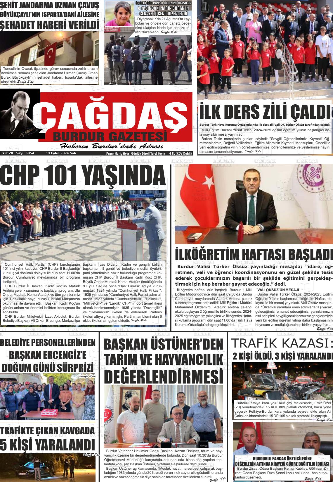 10 Eylül 2024 Çağdaş Burdur Gazete Manşeti