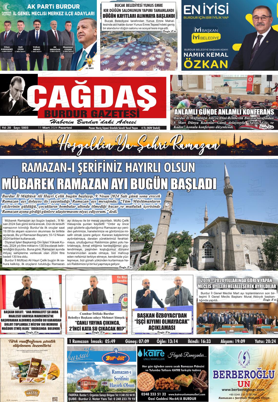 11 Mart 2024 Çağdaş Burdur Gazete Manşeti