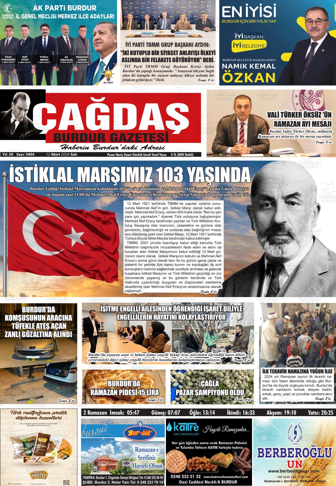 12 Mart 2024 Çağdaş Burdur Gazete Manşeti