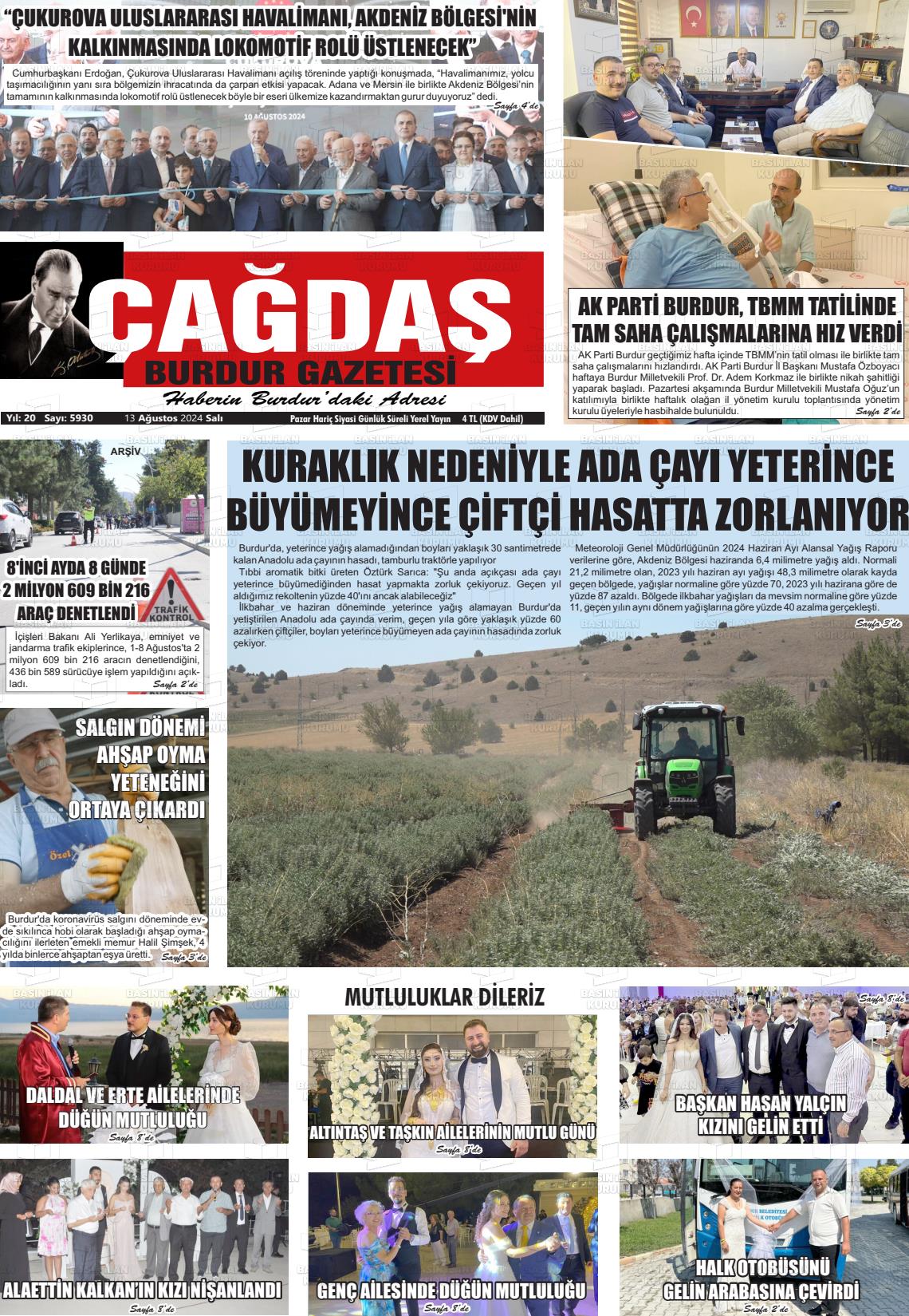 13 Ağustos 2024 Çağdaş Burdur Gazete Manşeti