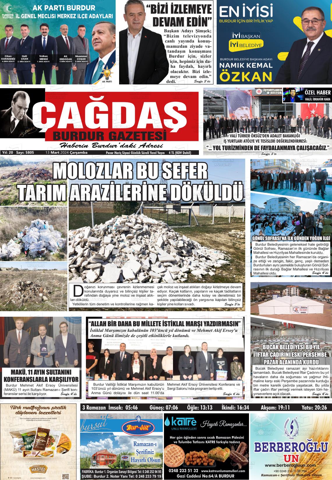 13 Mart 2024 Çağdaş Burdur Gazete Manşeti