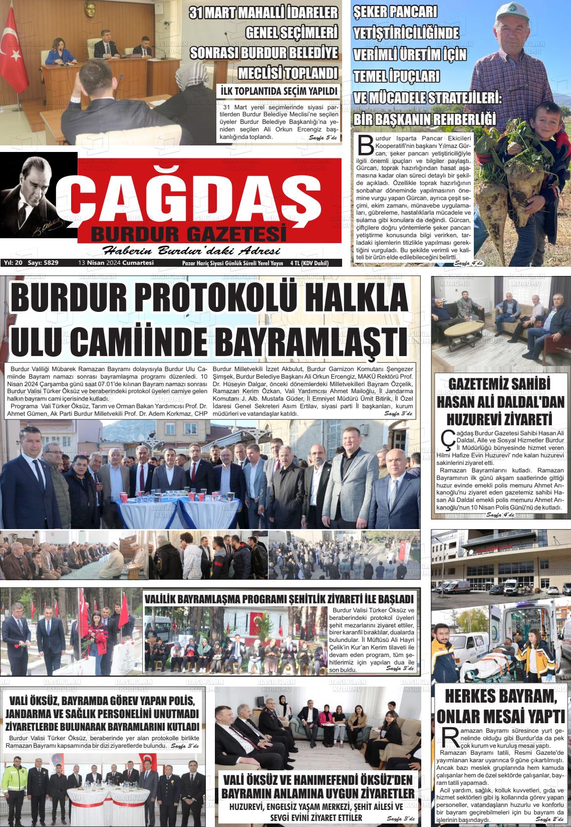 13 Nisan 2024 Çağdaş Burdur Gazete Manşeti