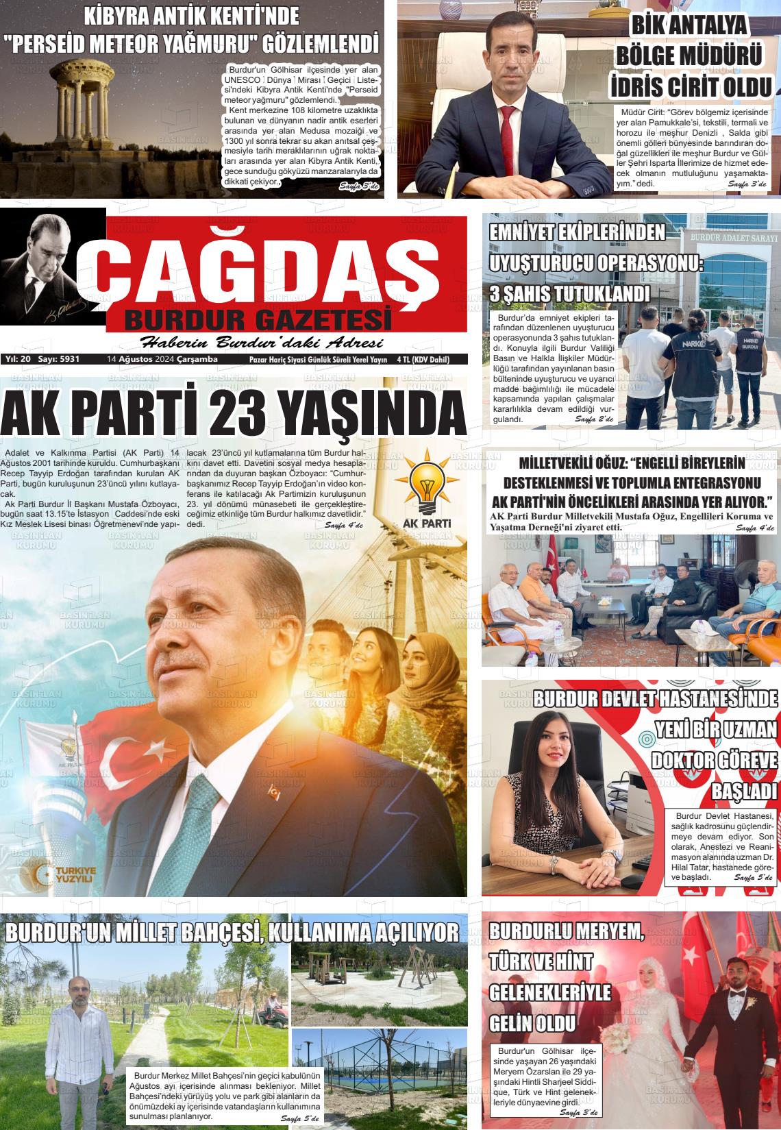 14 Ağustos 2024 Çağdaş Burdur Gazete Manşeti