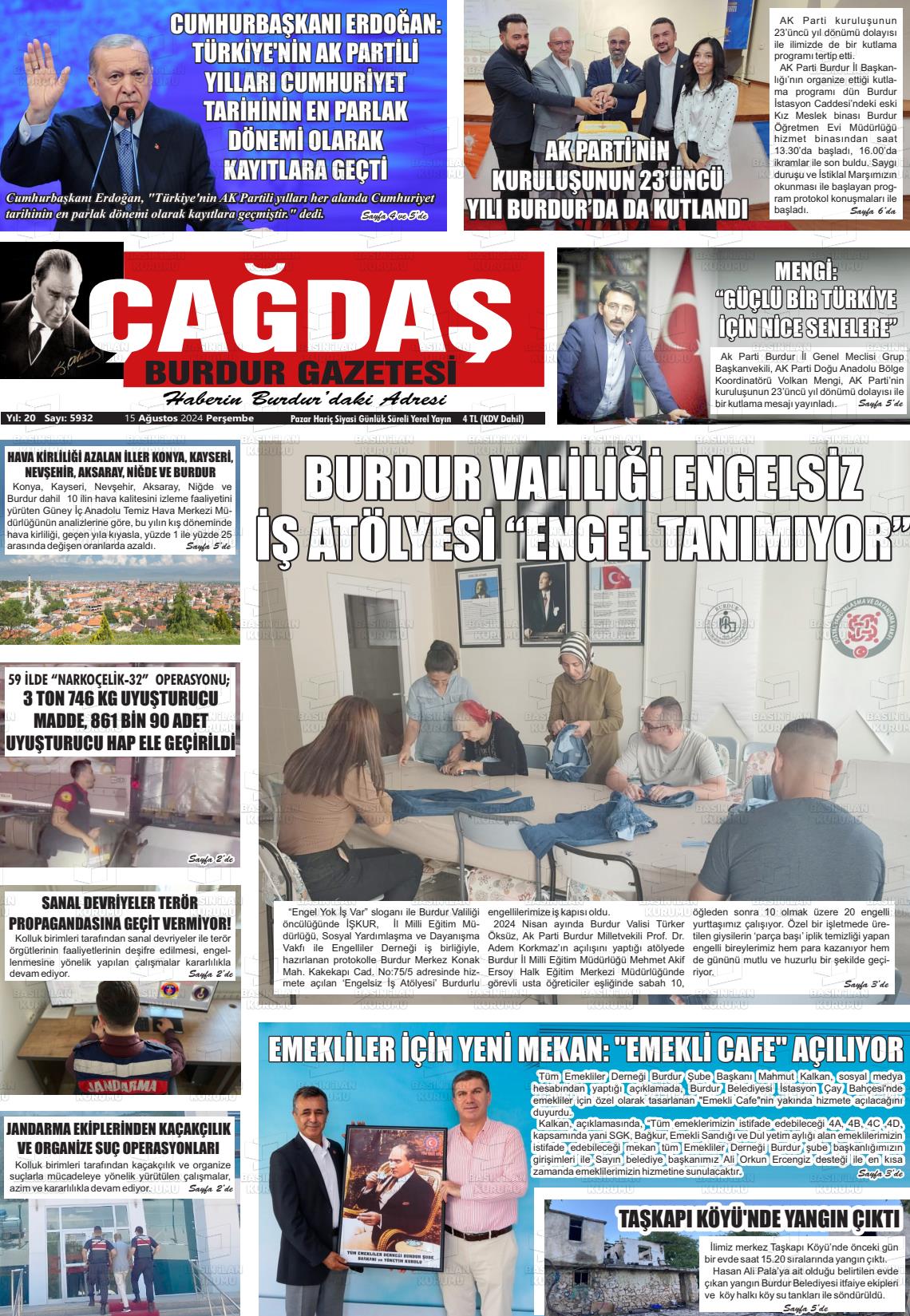 15 Ağustos 2024 Çağdaş Burdur Gazete Manşeti