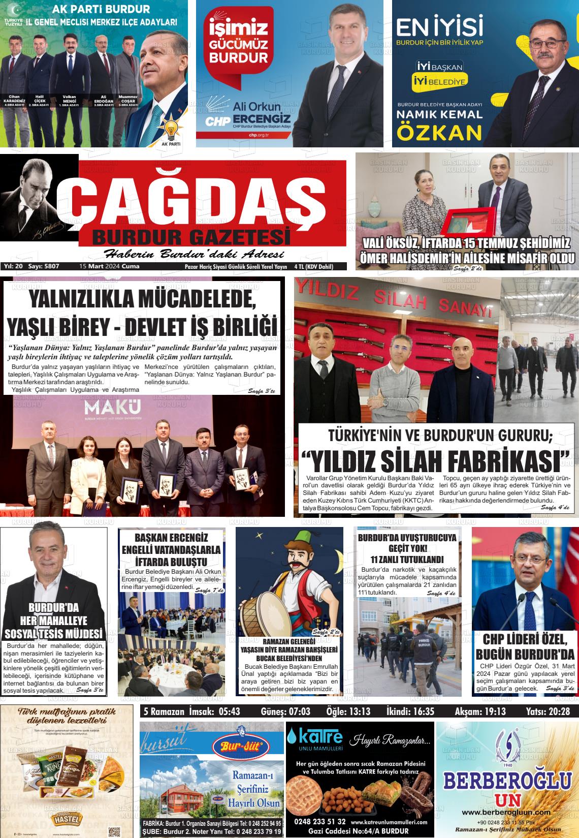 15 Mart 2024 Çağdaş Burdur Gazete Manşeti