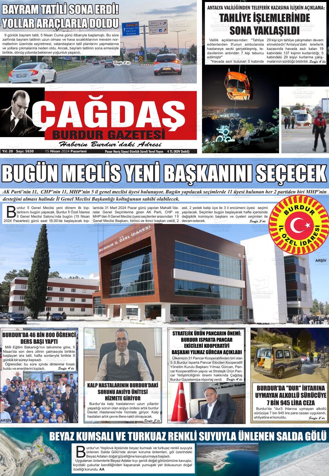 15 Nisan 2024 Çağdaş Burdur Gazete Manşeti