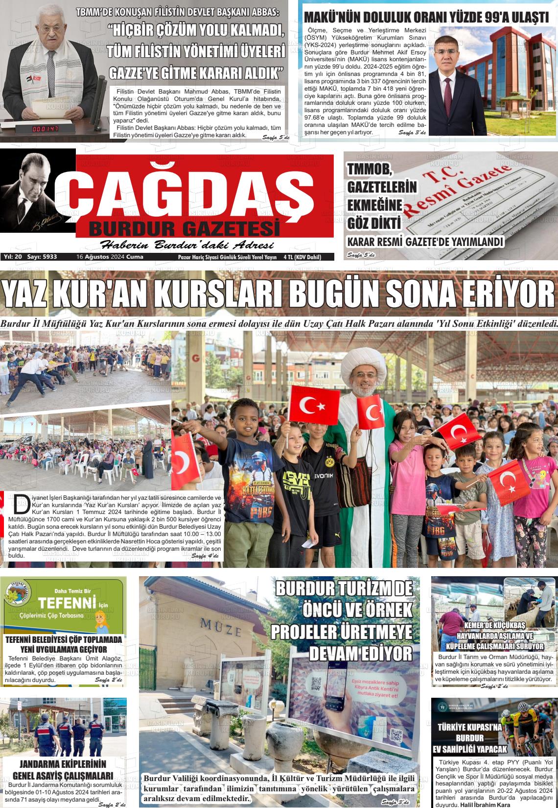 16 Ağustos 2024 Çağdaş Burdur Gazete Manşeti