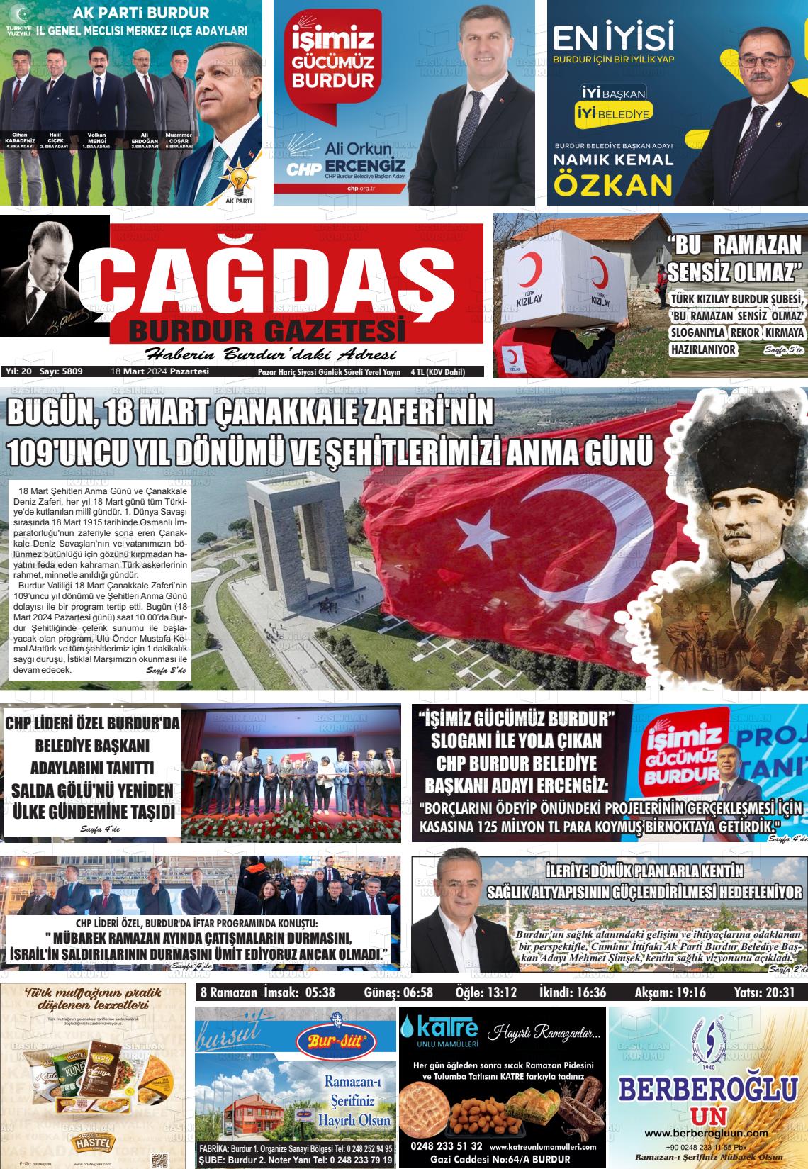 18 Mart 2024 Çağdaş Burdur Gazete Manşeti