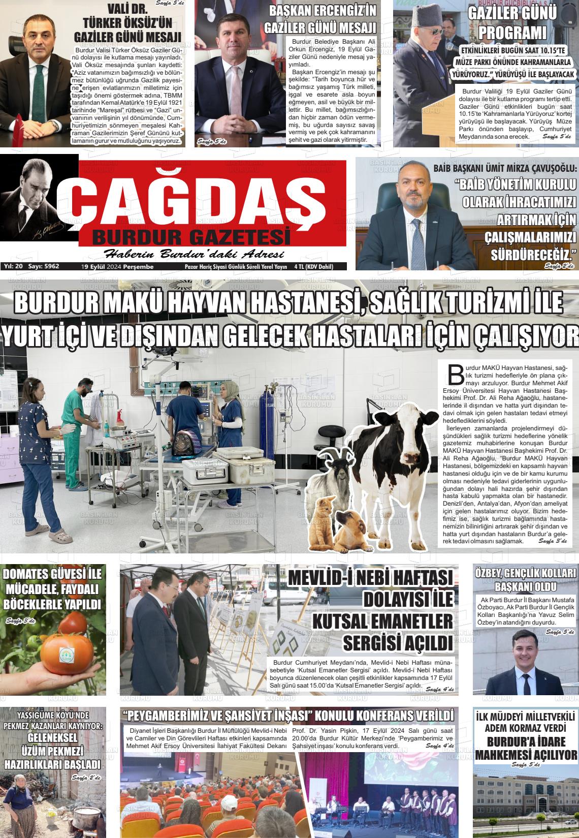 19 Eylül 2024 Çağdaş Burdur Gazete Manşeti