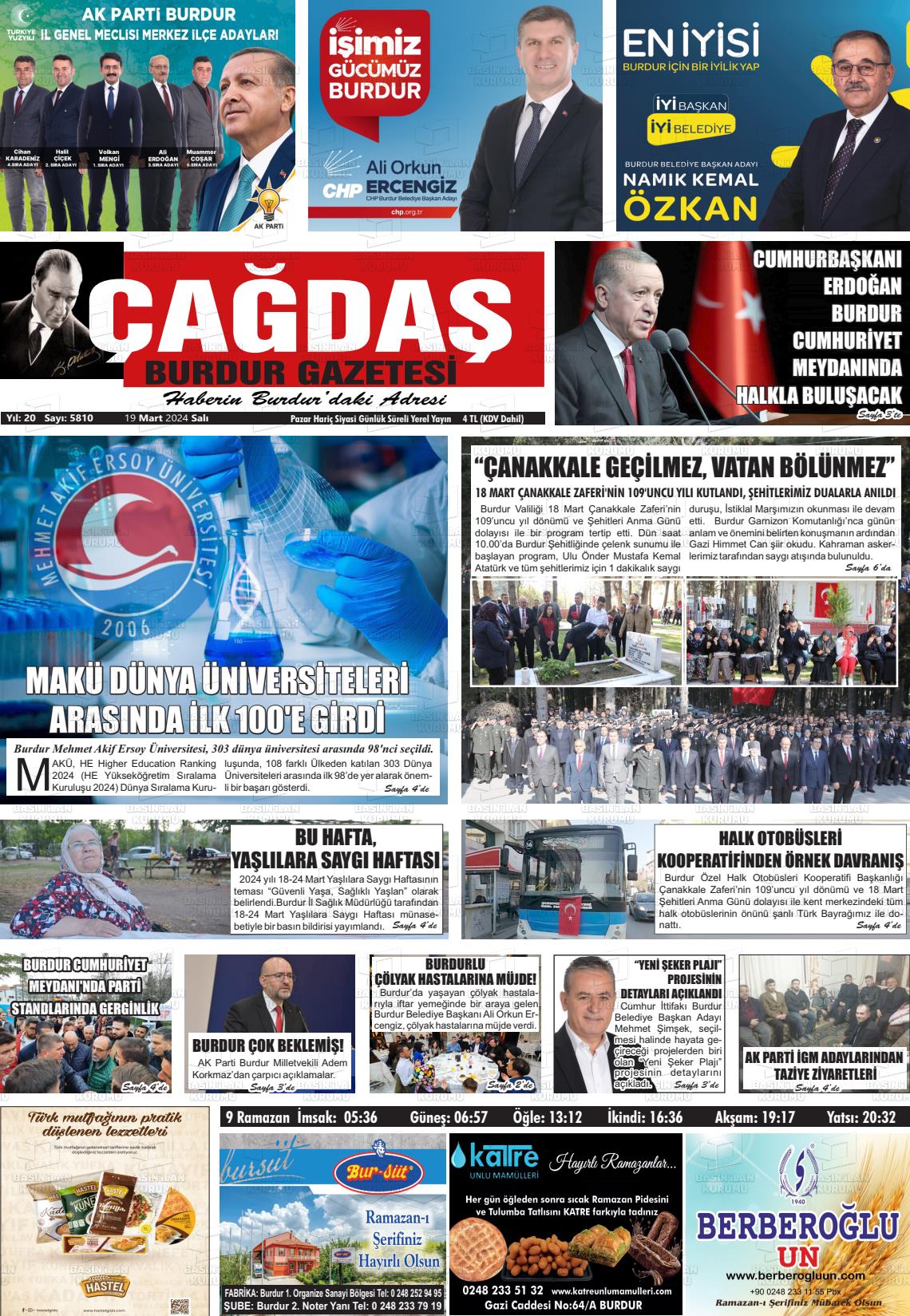 19 Mart 2024 Çağdaş Burdur Gazete Manşeti