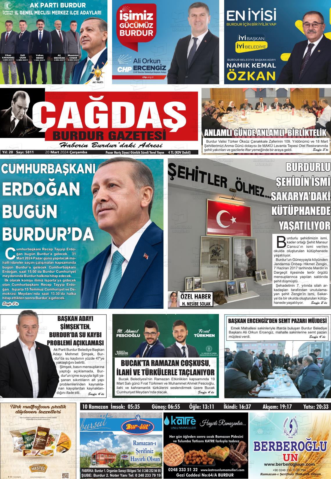 20 Mart 2024 Çağdaş Burdur Gazete Manşeti