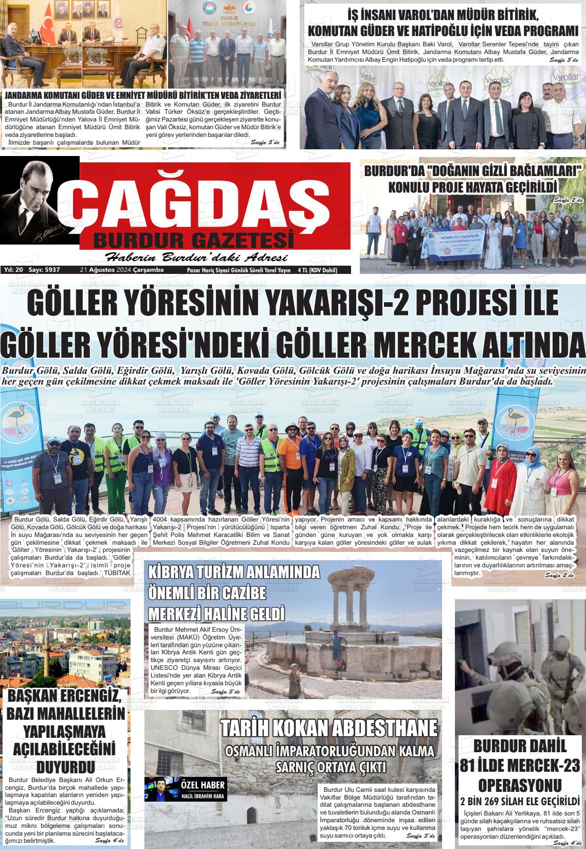 21 Ağustos 2024 Çağdaş Burdur Gazete Manşeti