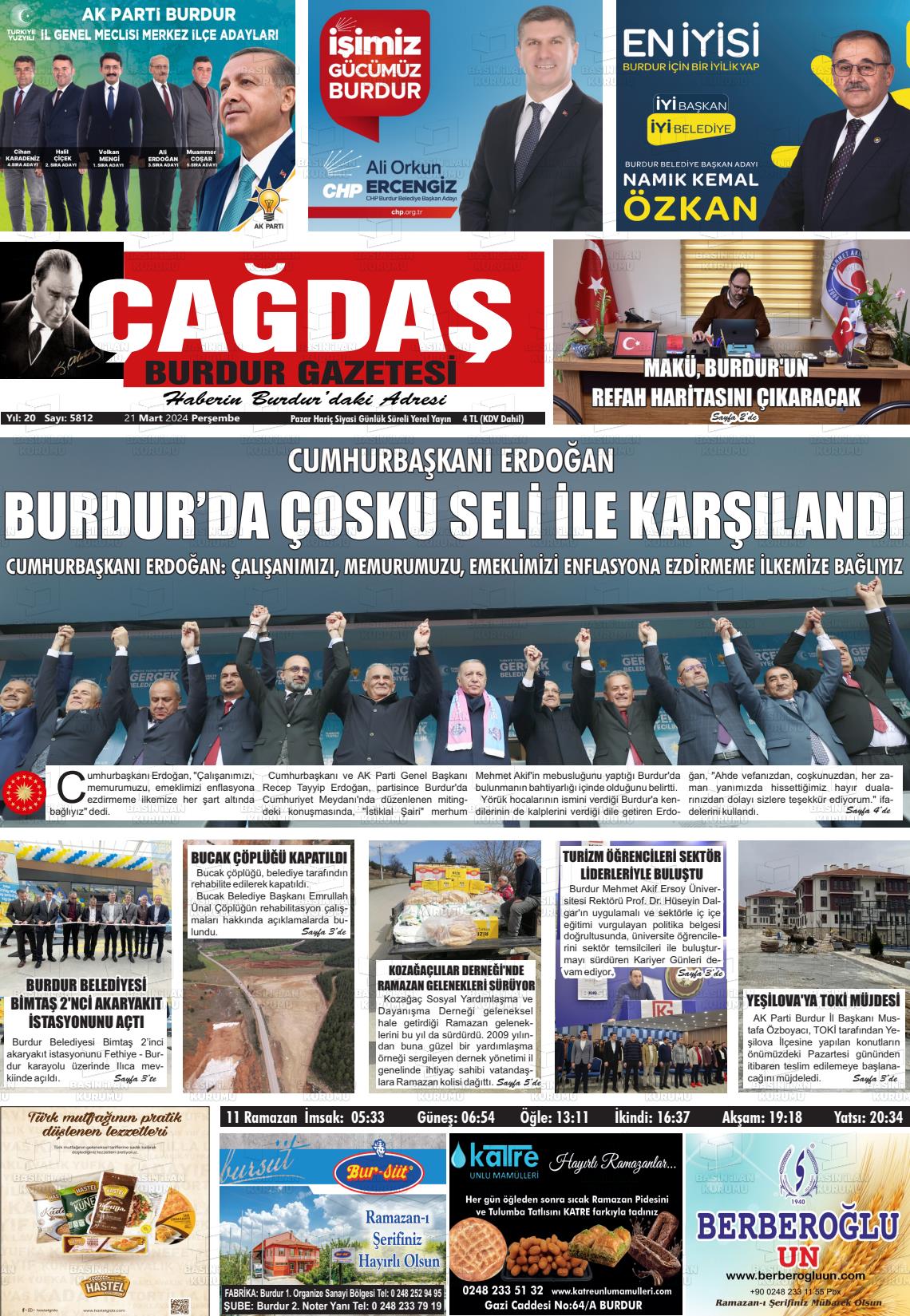 21 Mart 2024 Çağdaş Burdur Gazete Manşeti