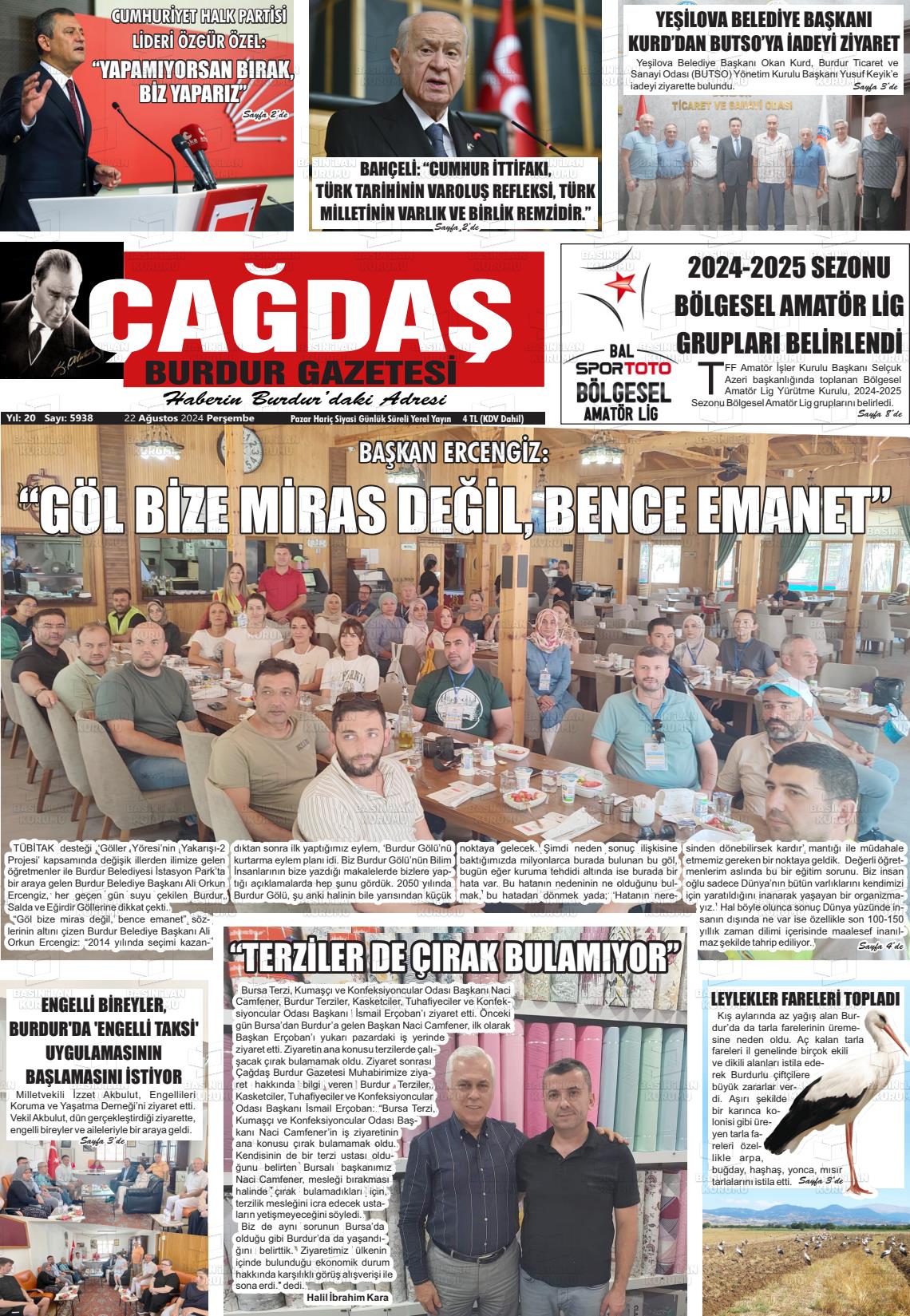 22 Ağustos 2024 Çağdaş Burdur Gazete Manşeti