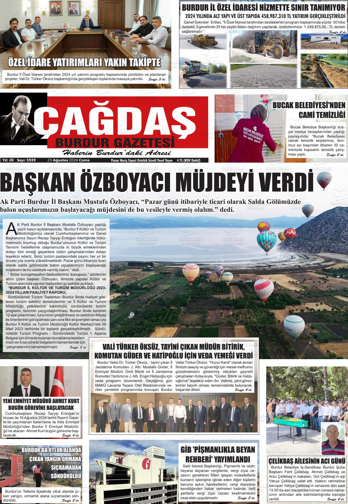 23 Ağustos 2024 Çağdaş Burdur Gazete Manşeti