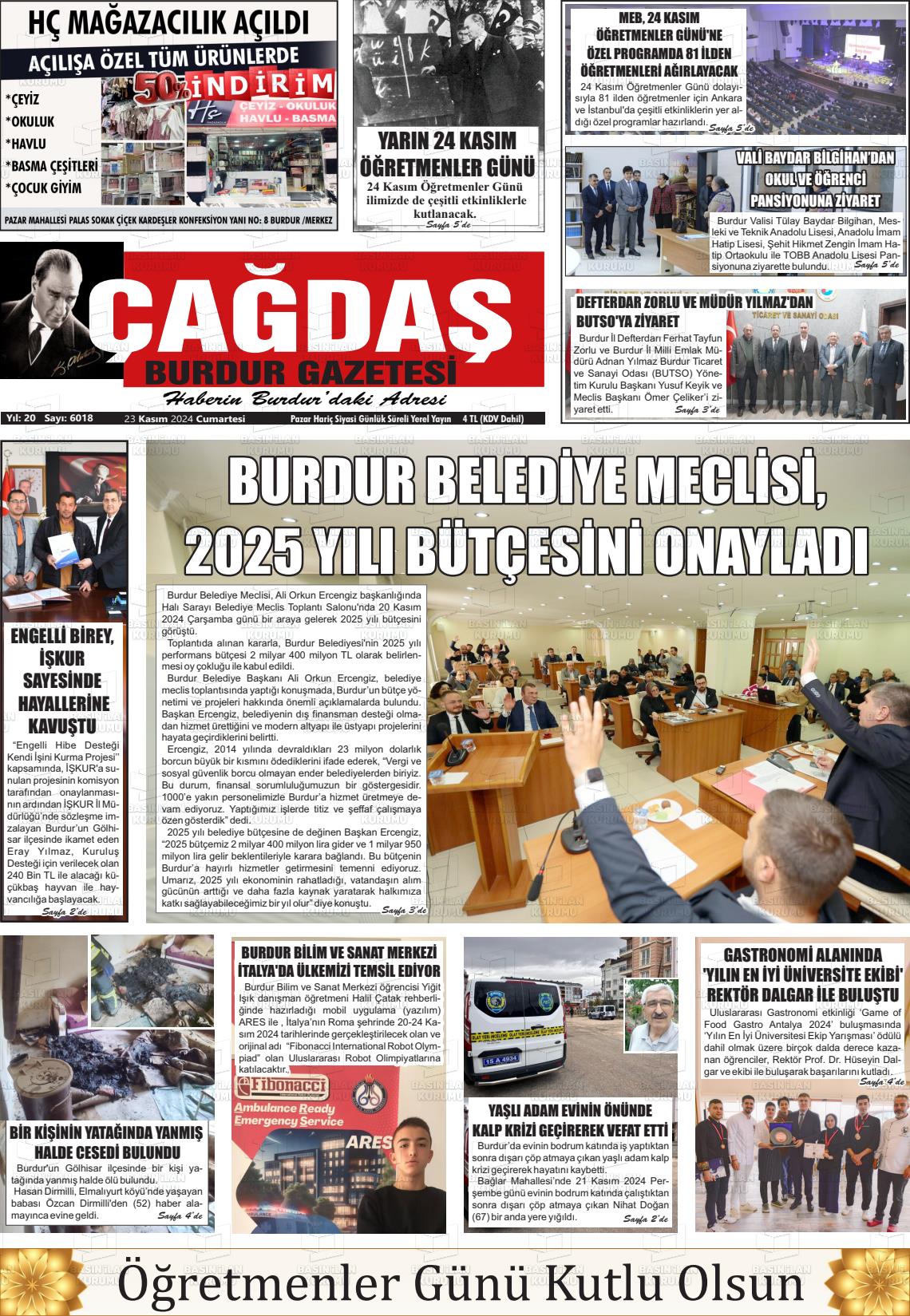 23 Kasım 2024 Çağdaş Burdur Gazete Manşeti