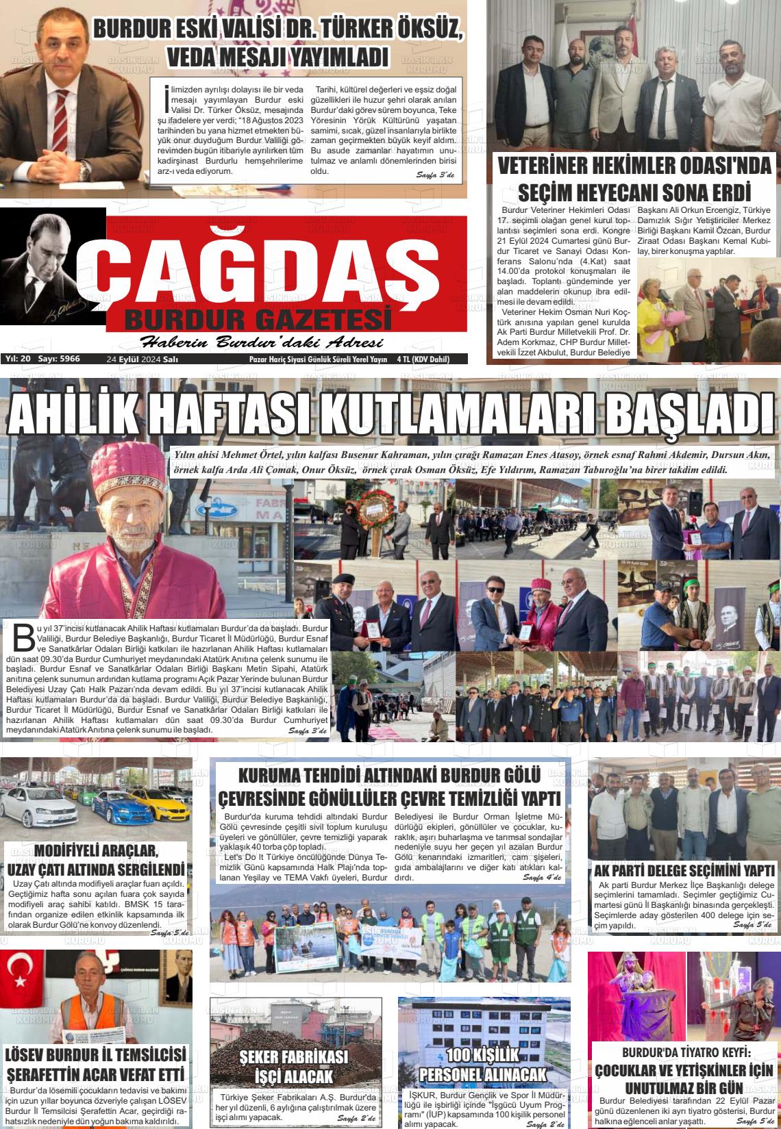 24 Eylül 2024 Çağdaş Burdur Gazete Manşeti