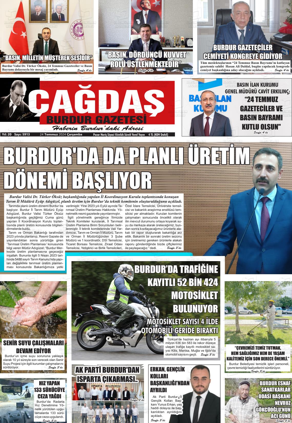 24 Temmuz 2024 Çağdaş Burdur Gazete Manşeti