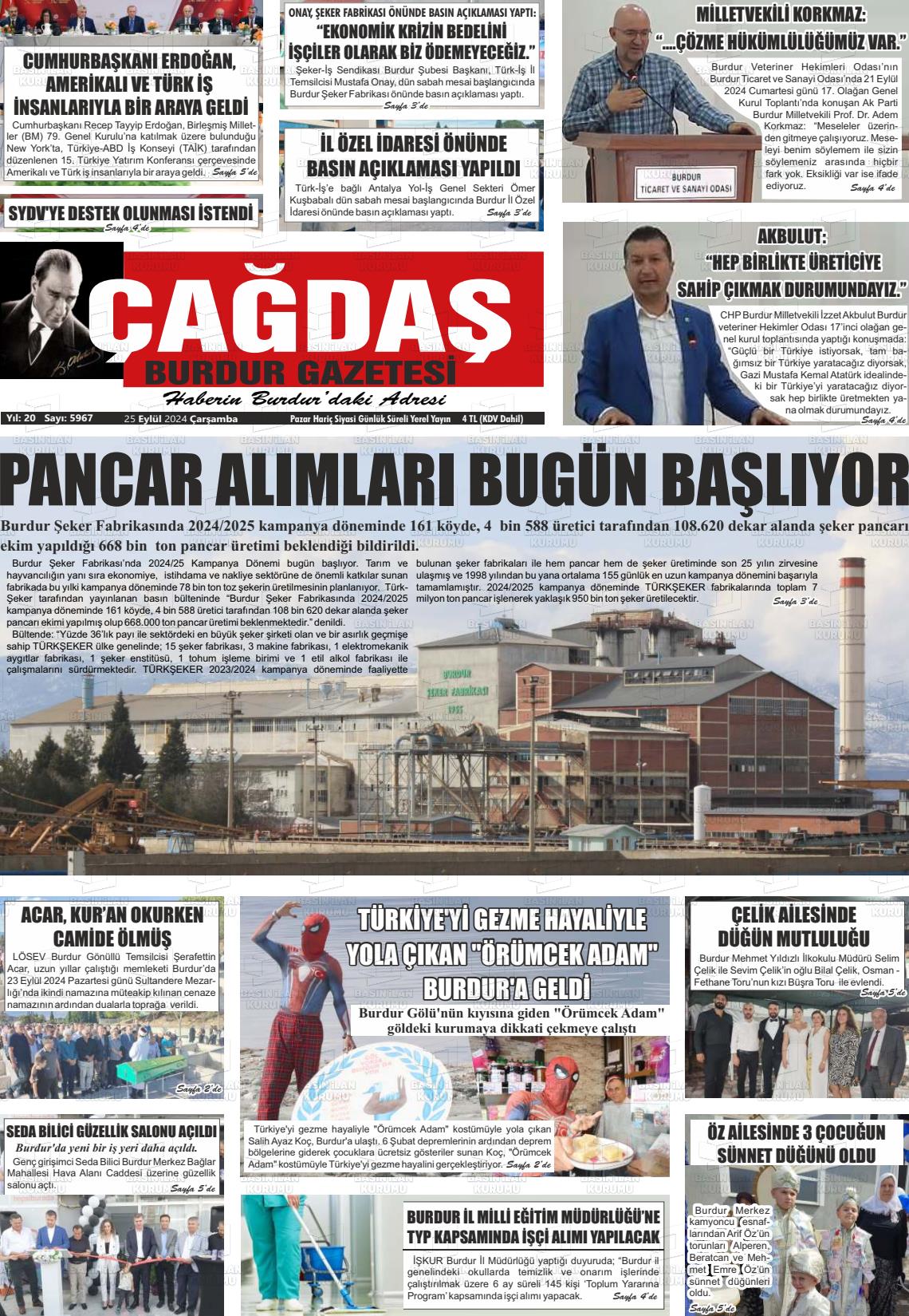 25 Eylül 2024 Çağdaş Burdur Gazete Manşeti