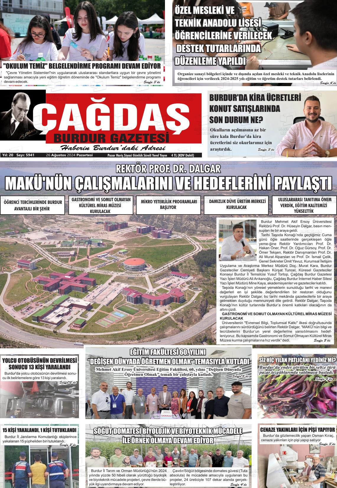 26 Ağustos 2024 Çağdaş Burdur Gazete Manşeti