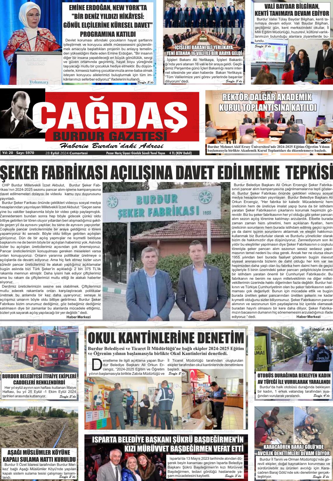 28 Eylül 2024 Çağdaş Burdur Gazete Manşeti