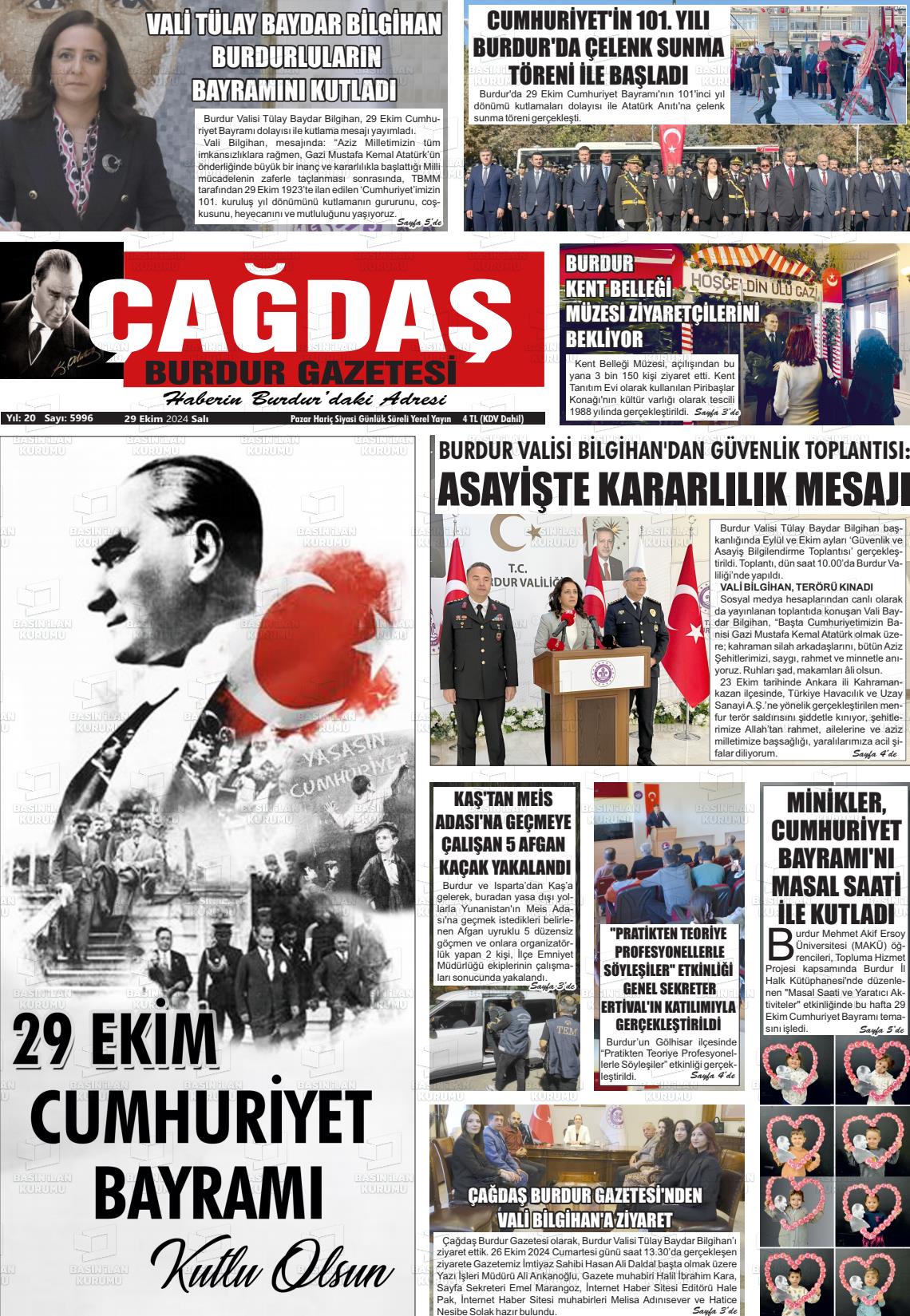 29 Ekim 2024 Çağdaş Burdur Gazete Manşeti