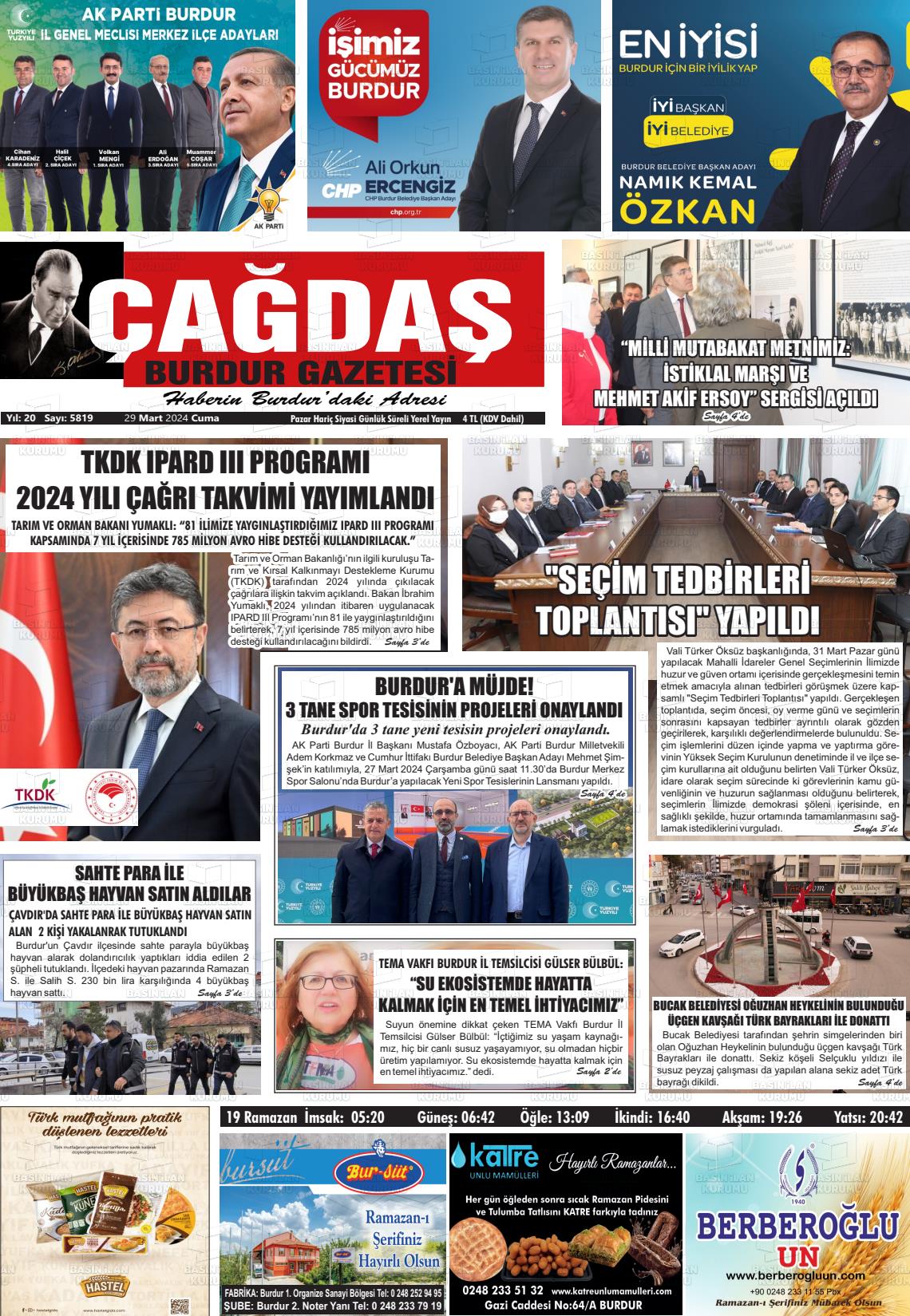 29 Mart 2024 Çağdaş Burdur Gazete Manşeti