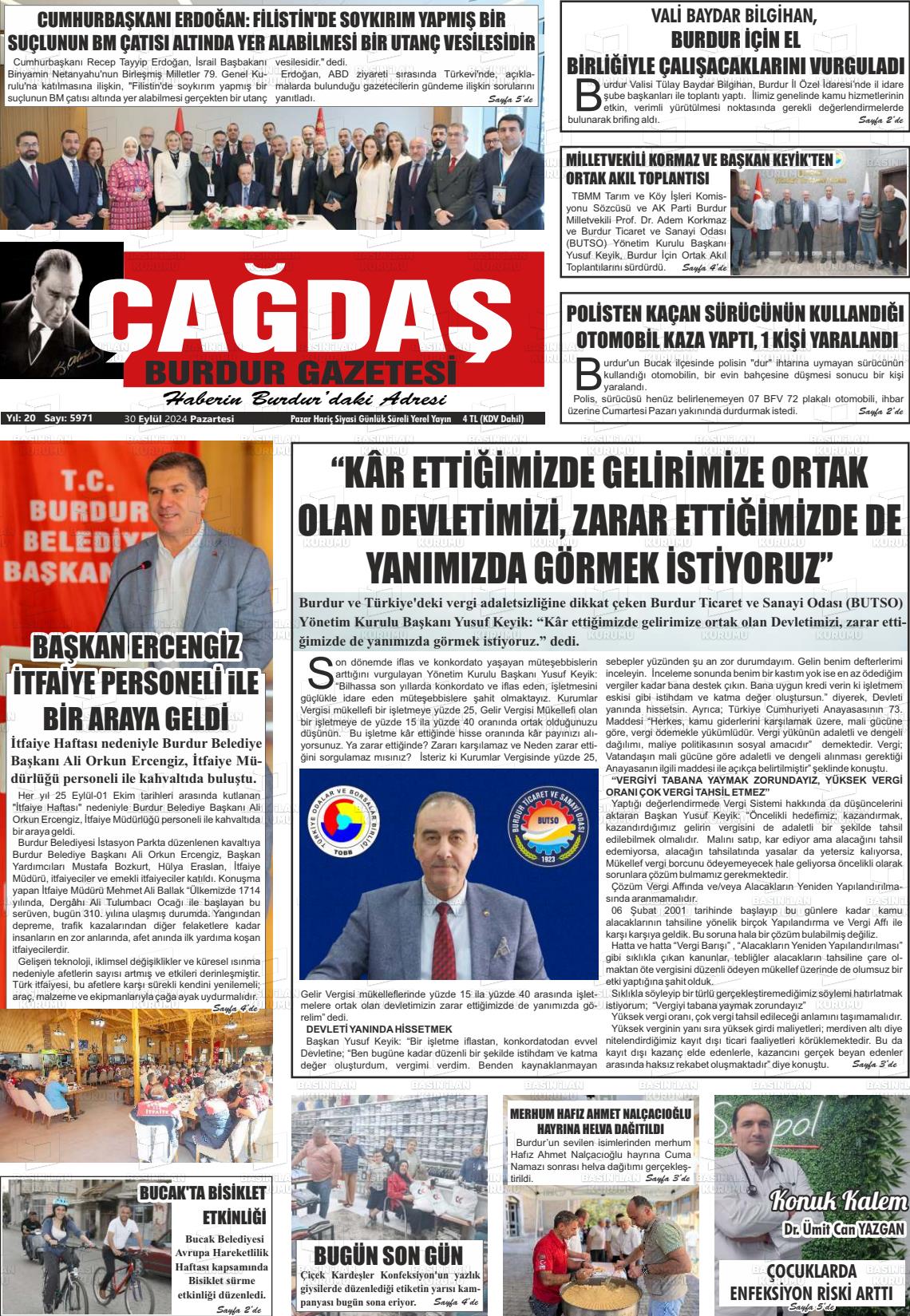 30 Eylül 2024 Çağdaş Burdur Gazete Manşeti