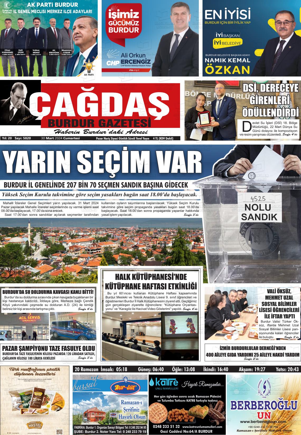 30 Mart 2024 Çağdaş Burdur Gazete Manşeti