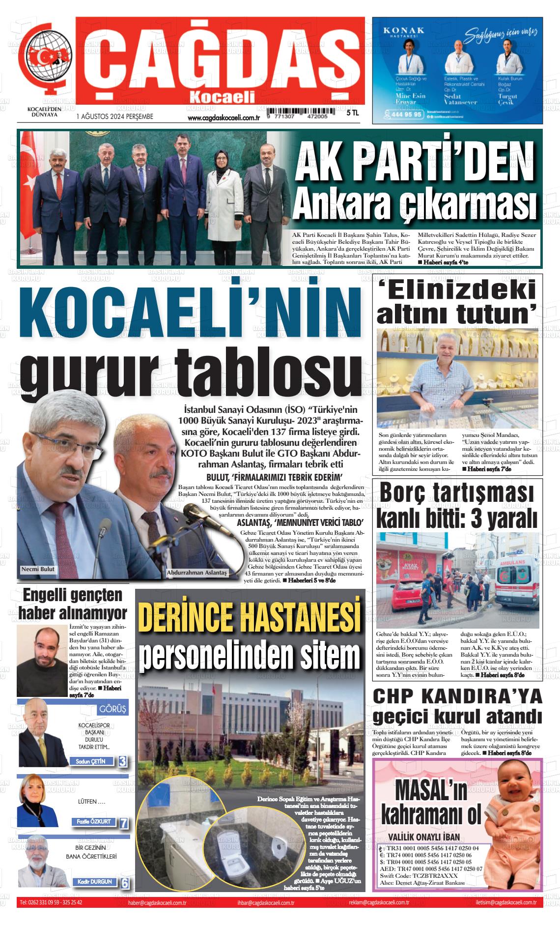 01 Ağustos 2024 Çağdaş Kocaeli Gazete Manşeti